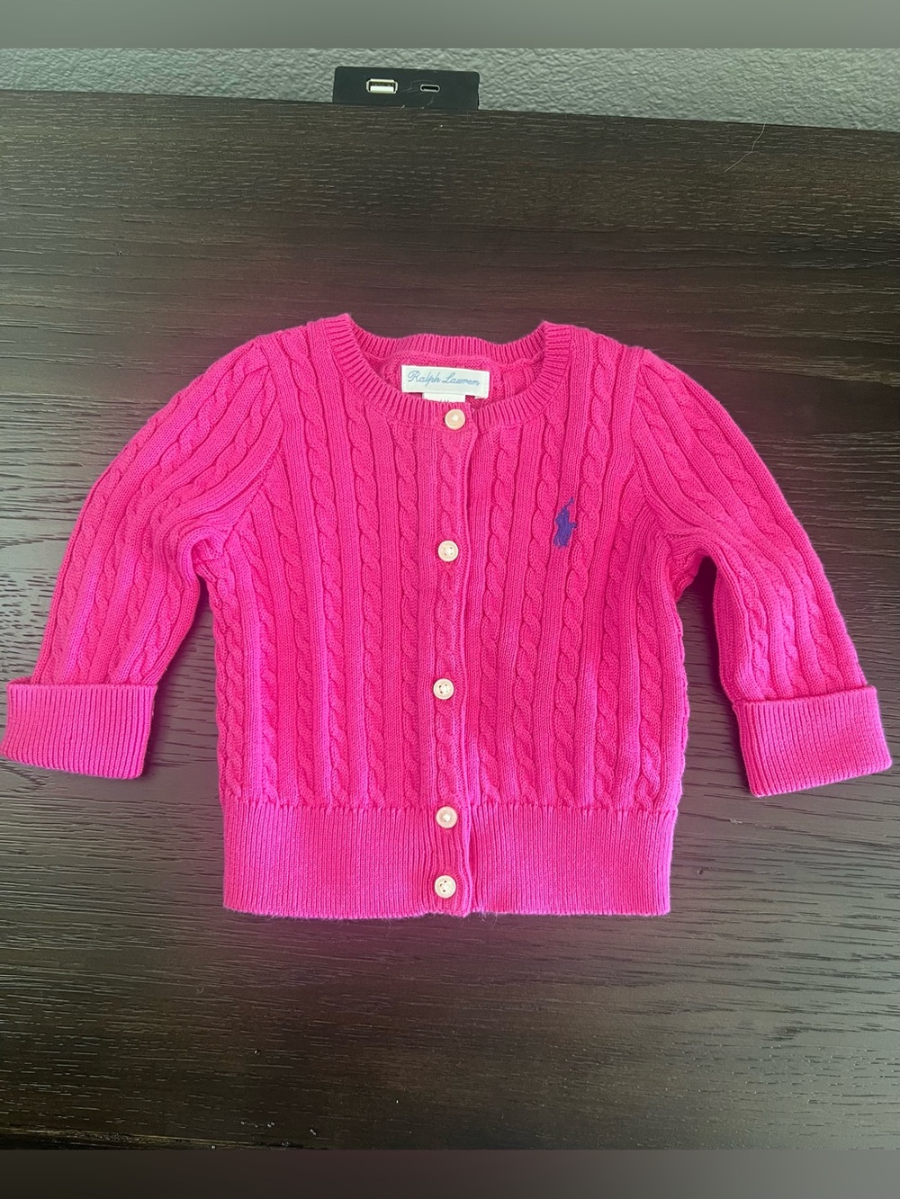 Ralph Lauren Hot Pink Mini-Cable Cotton Cardigan with Blue Pony
